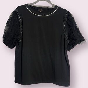 On Twelfth Black Rhinestone Lace Puff Sleeve Shirt XL